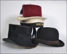 A collection of four vintage hats to include a peaked cap for HMS Bristol, a Fez,