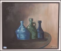 A 20th century still life oil painting on canvas of bottles being signed to the corner and dated