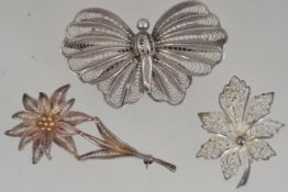 3 silver 925 ladies vintage filigree work brooched, 1 a butterfly, the others being flowers.