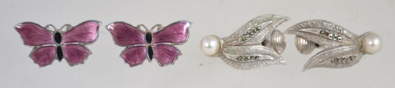 A pair of silver and enamel butterfly earrings with post backs together with a pair of silver