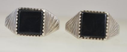 A pair of silver and labrodite signed rings, hallmarked for Birmingham, marks partially legible.