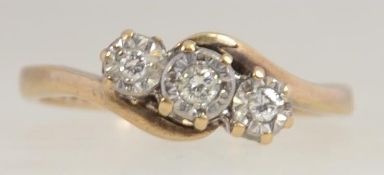 A 9ct gold and diamond ladies 3 stone ring being Sheffield hallmarked by TAO. Size N / Weight 2.
