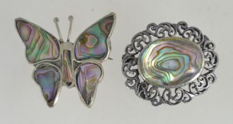 An Alpaca silver and abalone inlaid butterfly brooch with pin verso together with another abalone