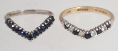 A matched pair of silver and gold plated silver v-setting channel set rings Each with blue sapphire
