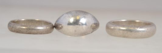 3 silver band rings / eternity rings, one with bulbous head. Sizes x 3 all O. Weight combined 12.