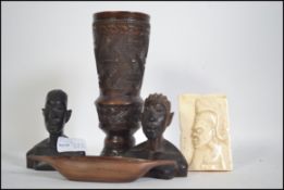 Mixed lot of 2 small carved African hardwood busts ,