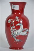 A Red Ground Crown Devon Pottery Flower Vase With Horse And Blossom Design H23cm
