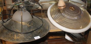 Two vintage / retro 20th century ceiling lights along with a teak wood three point light fixture,