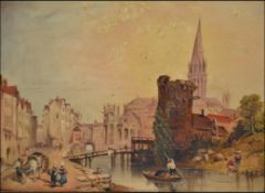 A framed Flemish school oil on board signed I Henzell of a town scene with a chap punting signed to