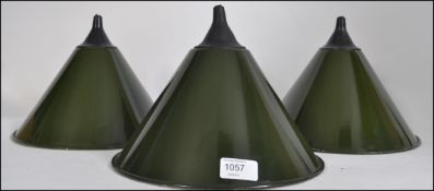 A set of 3 vintage lights enamel painted ex RAF Military metal factory style Industrial pendant