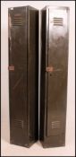 A pair of vintage Industrial mid century lockers in British military green having full length
