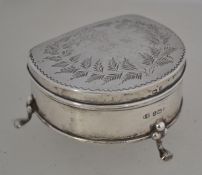 A silver trinket box on hoof feet with Birmingham hallmarks 1908 makers Joseph Gloster.