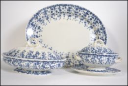 A 19th century Royal Worcester blue and white meat platter together with 2 matching tureens
