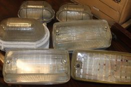 6 Bulkhead lights retro vintage , 2 caged, all glass fronted,