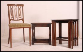 A 17th century style oak peg jointed stool together with an inlaid lattice work bedroom chair and a
