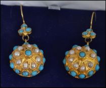 A pair of turquoise and cultured pearl 19th century earrings