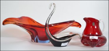 RED : Whitefriars red glass jug with clear glass handle ,