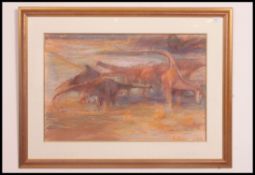 MICHAEL COOTE (b1931); A large pastel painting on board of Dinosaurs being framed and glazed.