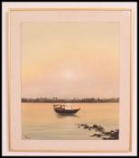 A framed oil on board painting of a Sampan living by the edge of the river signed to the lower left.