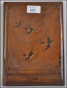 A late 19th century Italian olive wood souvenir folding mirror having hand painted swallows in