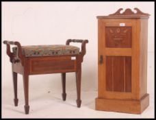 An early 20th century satin wood pot cupboard / bedside along with an Edwardian piano stool with a