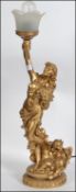 An Art Nouveau style 20th century gilt resin table lamp in the form of a maiden raised on plinth