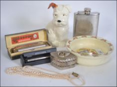 A good mixed lot to include : stainless steel turned decor hip flask ,