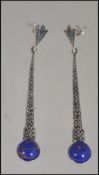 A pair of silver marcasite and lapis lazuli drop earings
