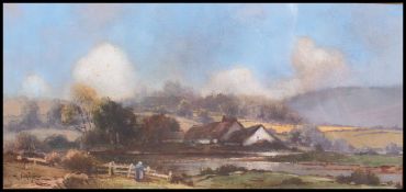 Bartram Hiles (1872-1927) England. Country landscape scene with lady at fence by river with farm.