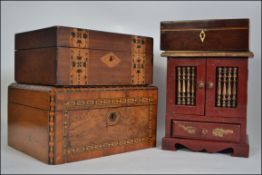 A pair of 19th century Tunbridge ware work boxes along with a Chinese desk top laquered dresser