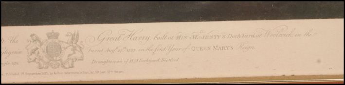 A 20th century framed print of ' Great Harry ' warship. Copy of an 18th century engraving.