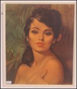 A large vintage kitsch portrait of a young naked lady with a flower to her hair,