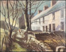 A gouache study of a Welsh landscape with row of stone cottages, figure, stone wall, etc,