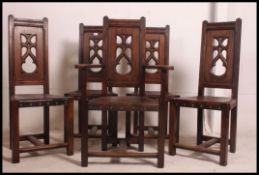 A set of 5 19th century Arts & Crafts oak and leather eclesiastical pugin type dining chairs.