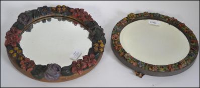 A near pair of vintage painted plaster Barbola mirrors one having an easel back and the other being