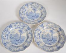 A set of three 19th century blue and white transfer printed Surseya Ghatt Khanpore plates by T B