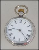 A lady`s silver, keyless wind, open faced pocket watch, movement by the American Watch Co.