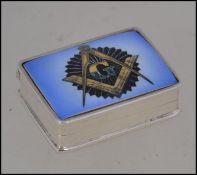 A silver 925 pill box with enamel Masonic symbol to the lid.
