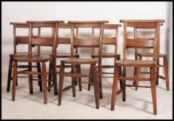 A set of 7 x 19th century country beech wood chapel chairs raised on turned legs with prayer