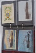 An album of assorted postcards to include various shipping line related cards (Cunard,