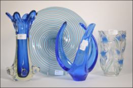 BLUE : A four piece collection of studio glass to include a heavy Murano blue / green clear cased