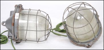 A good pair of large 20th century drop bulkhead pendant Industrial caged lamp - lights.