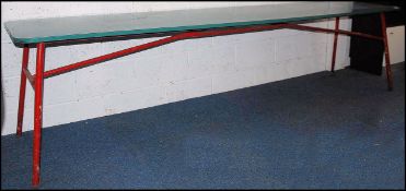 A 1950's retro formica and painted tubular metal large factory industrial refectory dining table.