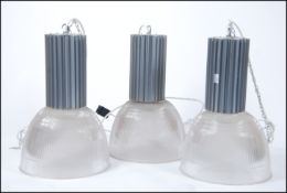 A set of contemporary factory pendant lights by Profile Lighting ( medium ) model no HBX/HTCD/3C42L