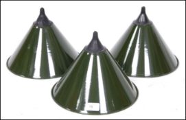 A set of 3 enamel painted ex RAF Military metal factory style Industrial pendant shade with rubber
