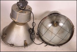 A pair of vintage mid century Zaklady Metalow Industrial large factory pendant lights complete with