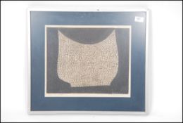 A Japanese abstract print , greys and creams , repeated pattern with one red printed shape.