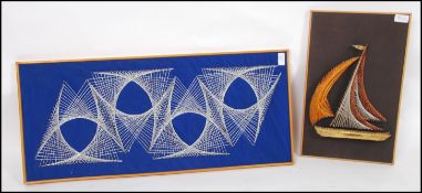 A mid century pair of string pictures - string and nail wall sculptures, one of a sailing ship,