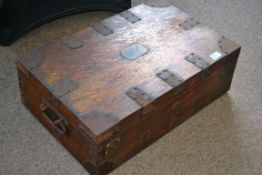 An early 20th century oak and metal strapped cutlery canteen in the armada style.
