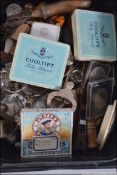 A collection of vintage curios to include tin opener, coins, cork screw,